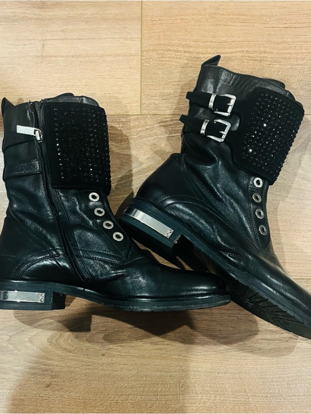 Loretta Pettinari Boots Italy Black Leather Bling Rhinestone Combat Boots